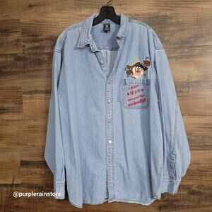 Vtg Warner Bros Looney Tunes Taz Denim Shirt XL Embroidered 80's 90's Hipster